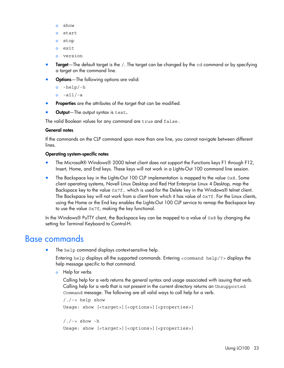 Base commands | HP Lights-Out 100 Remote Management User Manual | Page 23 / 52