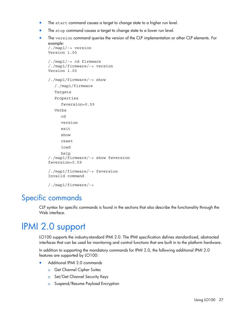 Specific commands, Ipmi 2.0 support | HP Lights-Out 100 Remote Management User Manual | Page 27 / 52