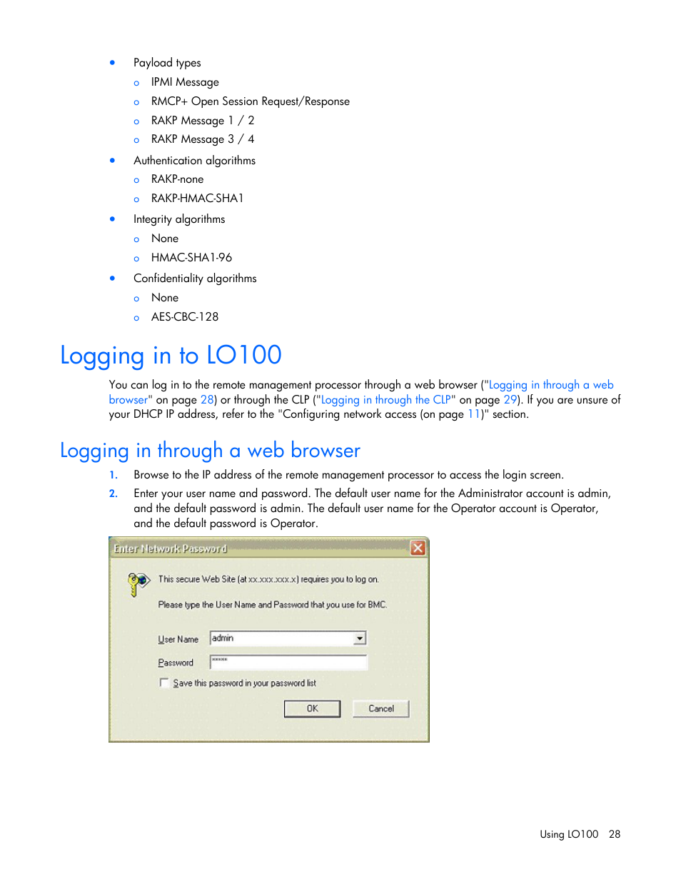 Logging in to lo100, Logging in through a web browser | HP Lights-Out 100 Remote Management User Manual | Page 28 / 52