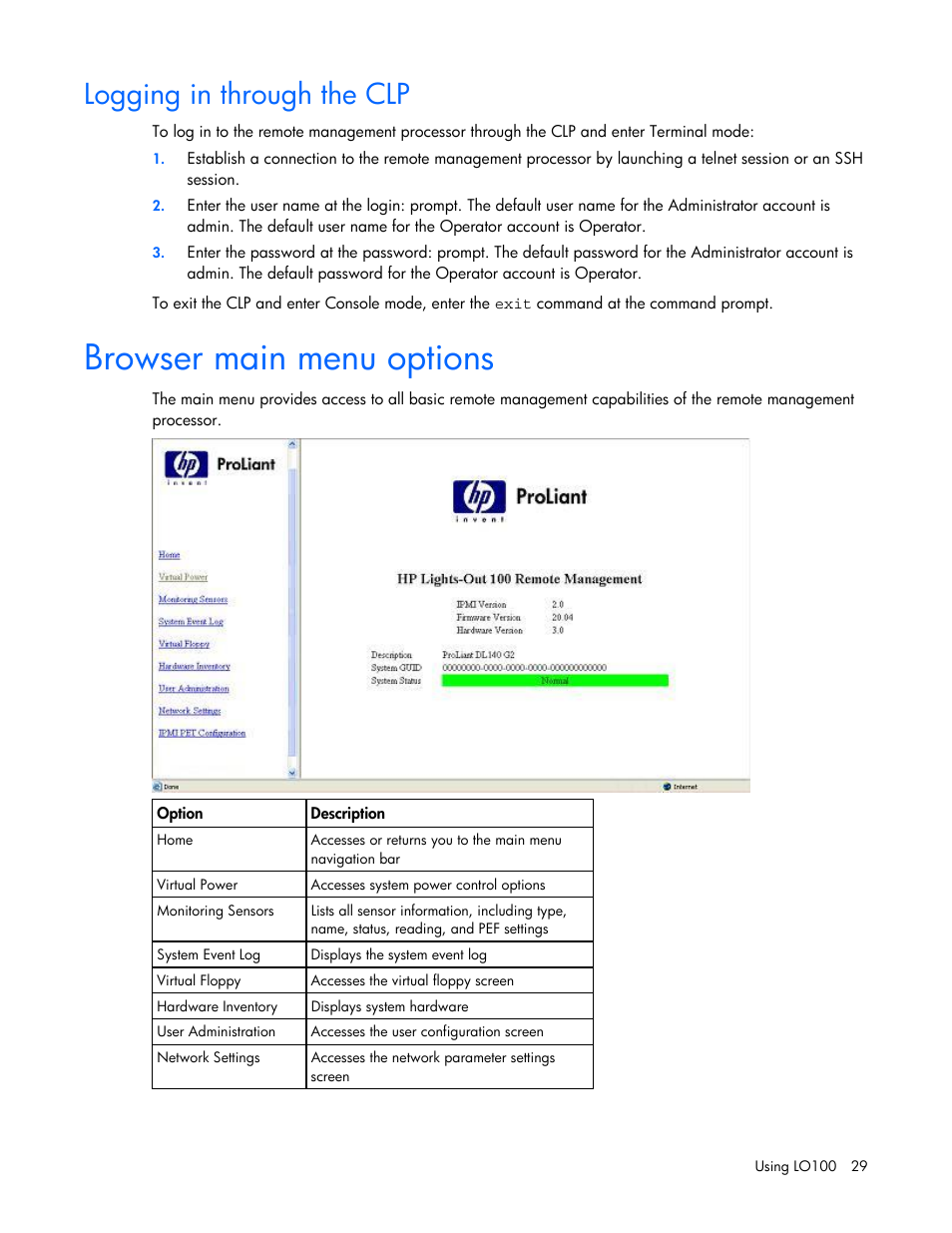 Logging in through the clp, Browser main menu options, Rough the clp | HP Lights-Out 100 Remote Management User Manual | Page 29 / 52