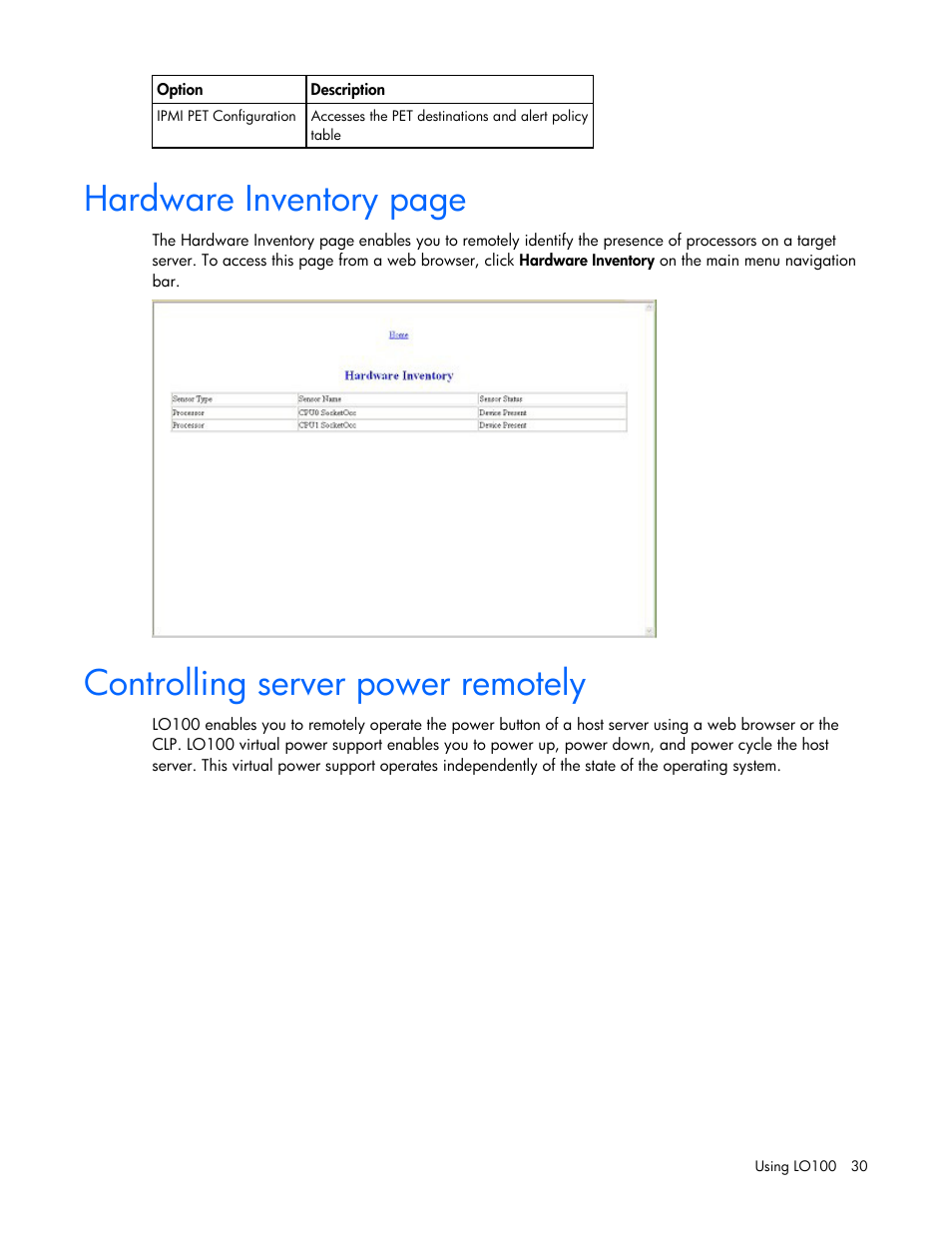 Controlling server power remotely, Hardware inventory page | HP Lights-Out 100 Remote Management User Manual | Page 30 / 52