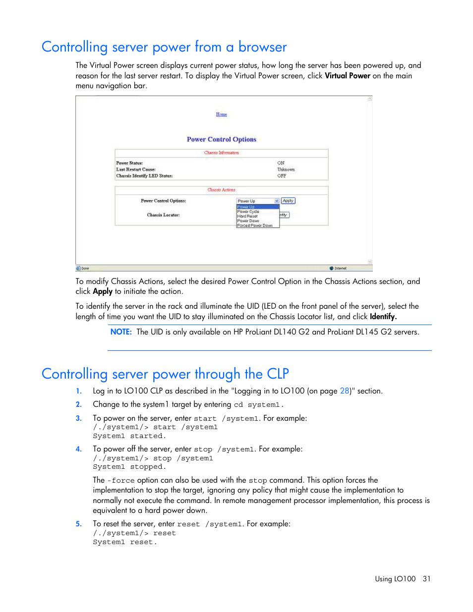 Controlling server power from a browser, Controlling server power through the clp | HP Lights-Out 100 Remote Management User Manual | Page 31 / 52