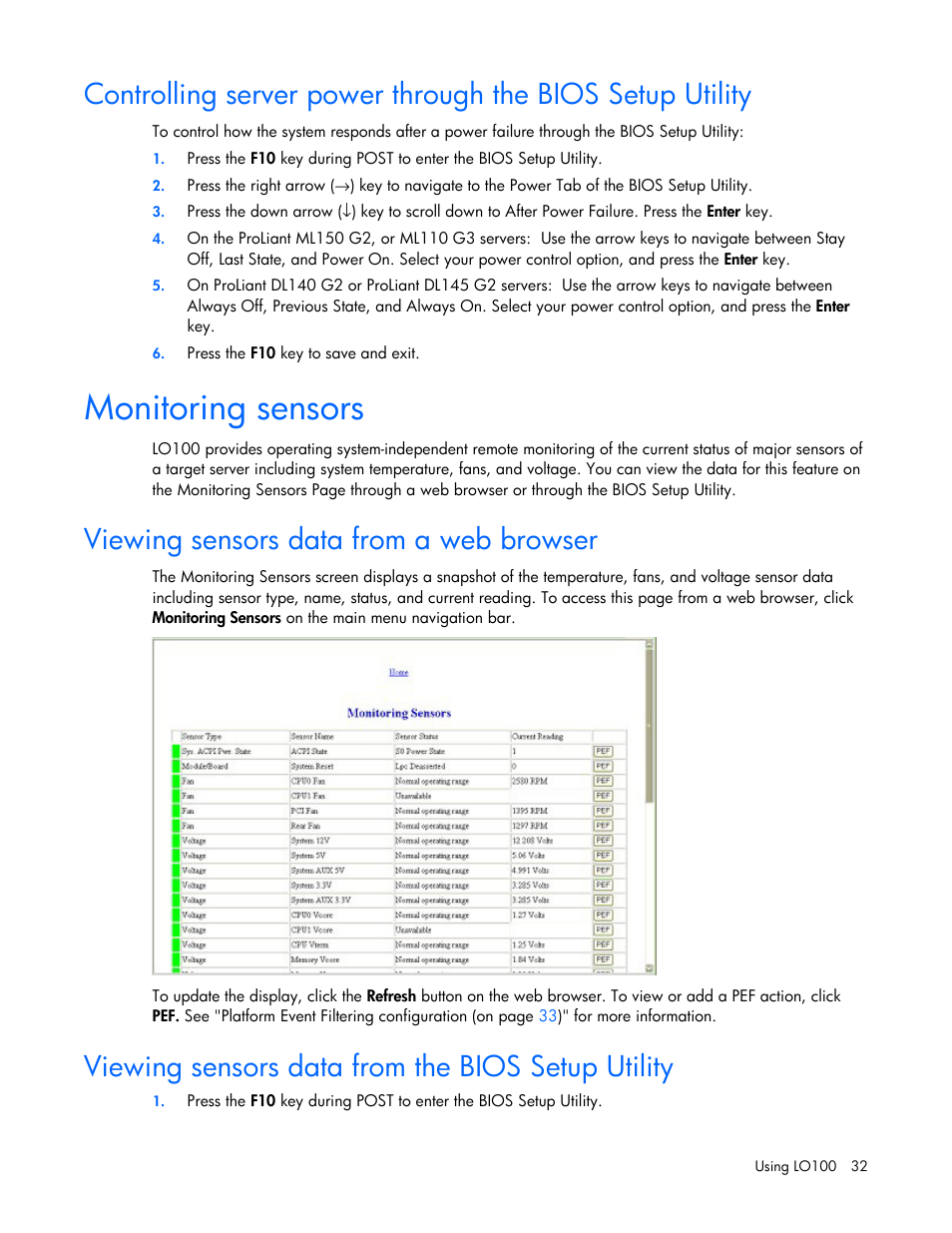 Monitoring sensors, Viewing sensors data from a web browser, Viewing sensors data from the bios setup utility | HP Lights-Out 100 Remote Management User Manual | Page 32 / 52