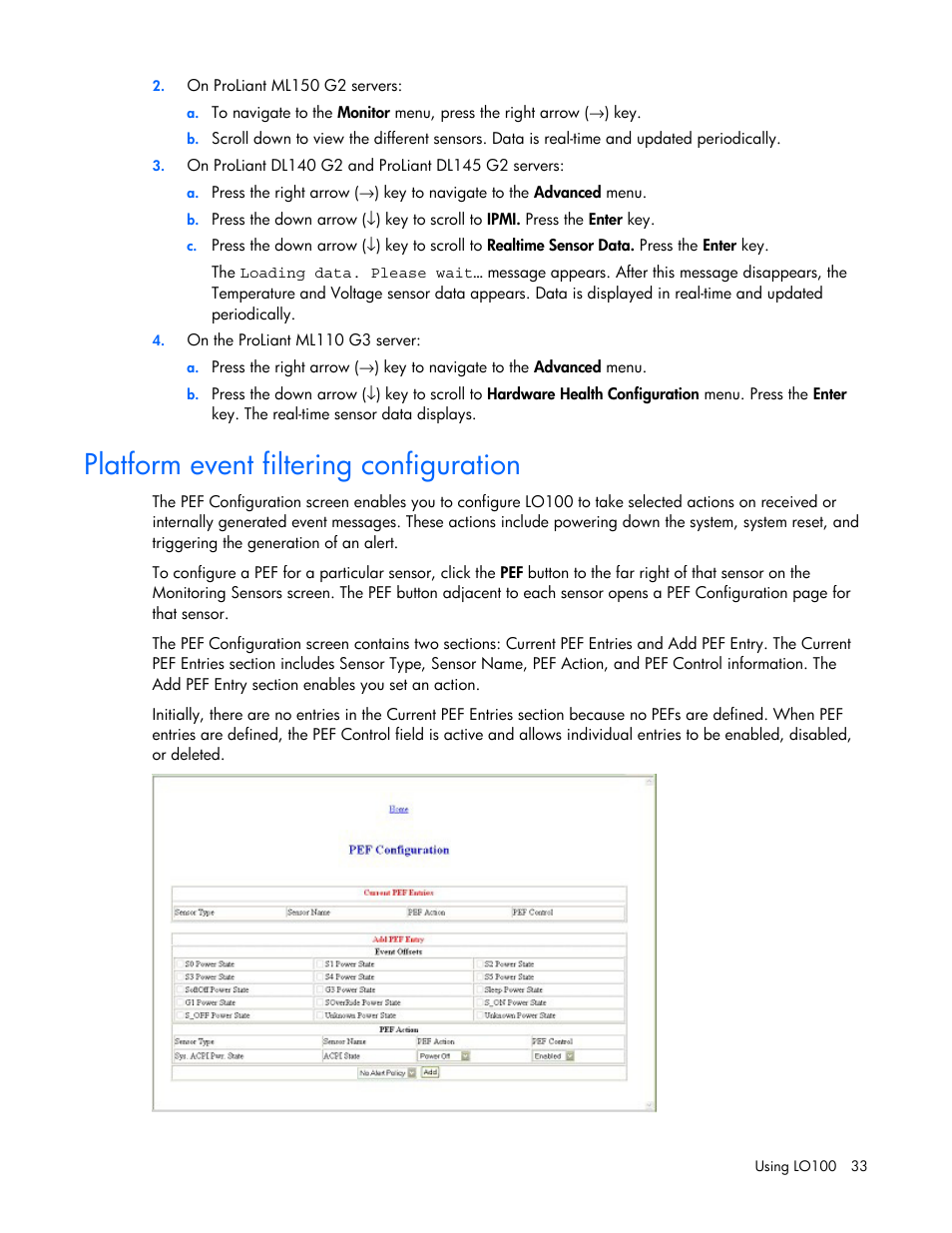 Platform event filtering configuration | HP Lights-Out 100 Remote Management User Manual | Page 33 / 52