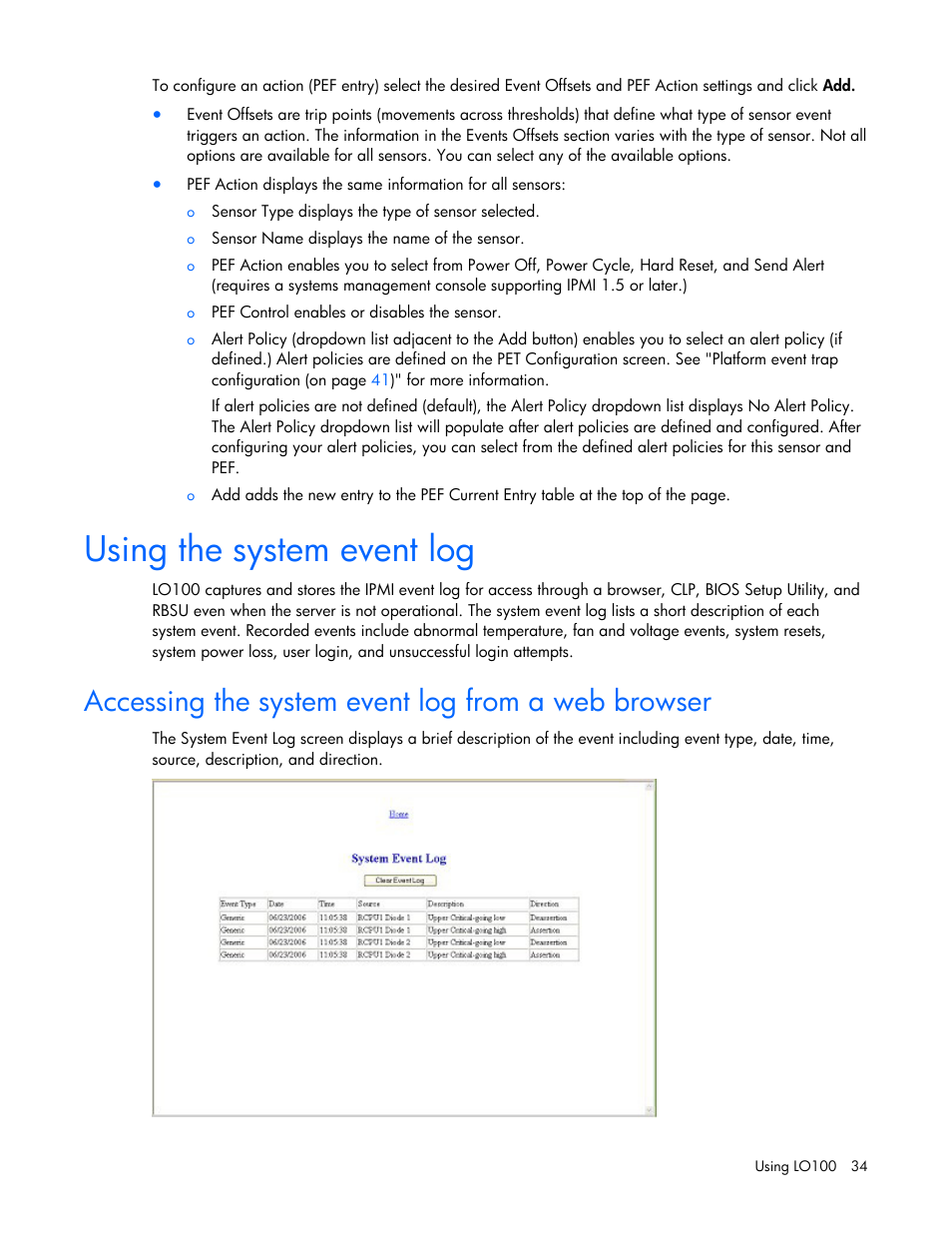 Using the system event log, Accessing the system event log from a web browser | HP Lights-Out 100 Remote Management User Manual | Page 34 / 52