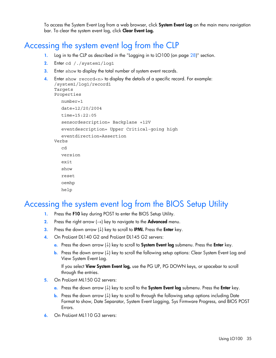 Accessing the system event log from the clp | HP Lights-Out 100 Remote Management User Manual | Page 35 / 52