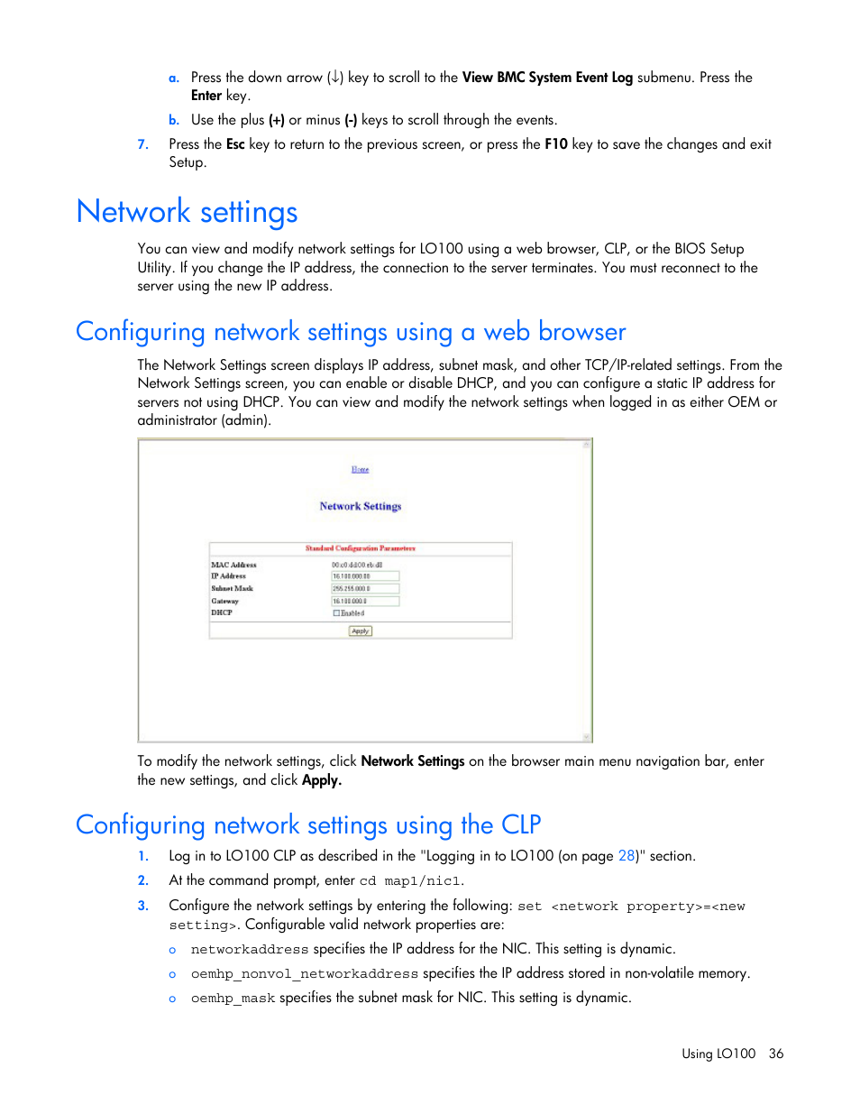 Network settings, Configuring network settings using a web browser, Configuring network settings using the clp | HP Lights-Out 100 Remote Management User Manual | Page 36 / 52