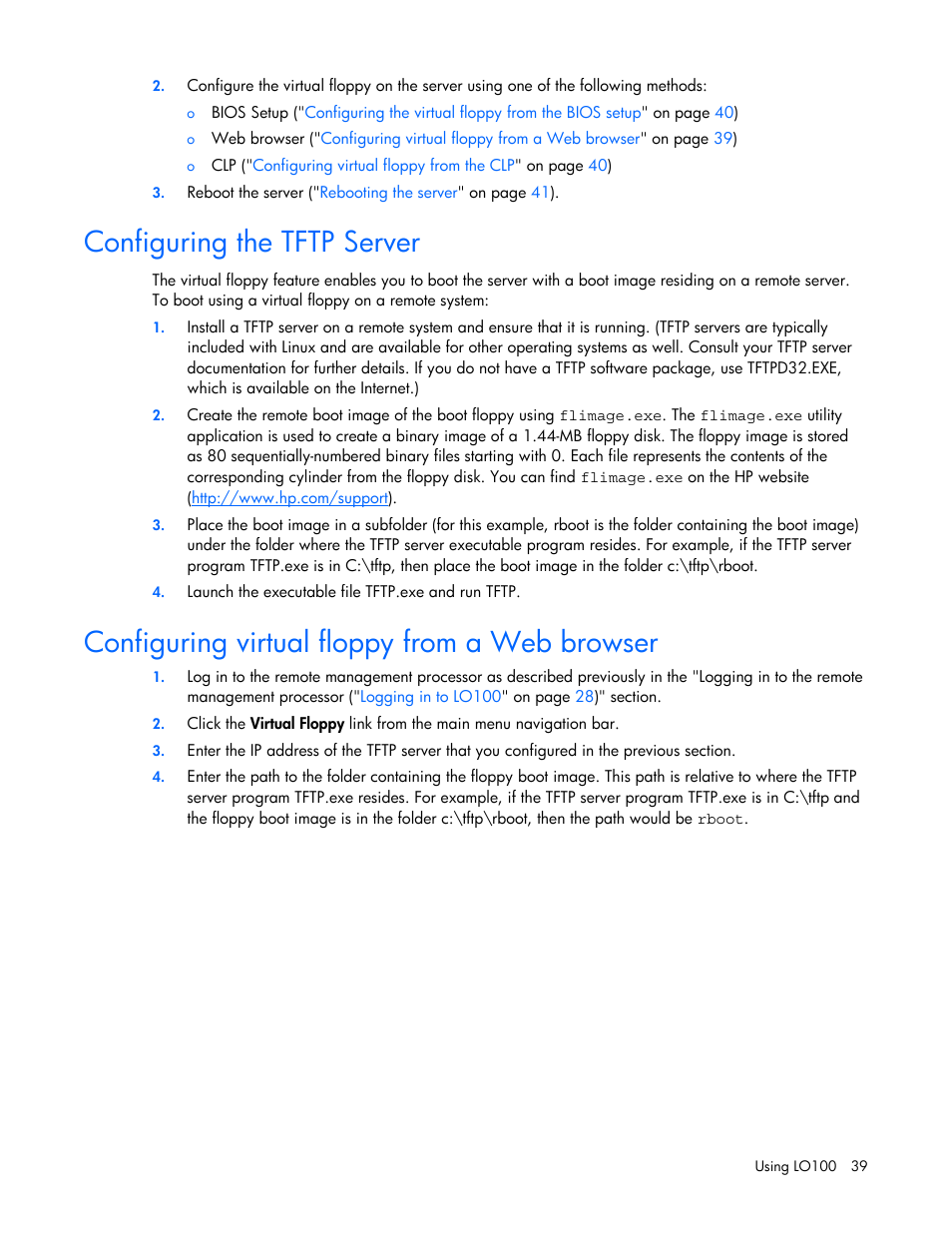 Configuring the tftp server, Configuring virtual floppy from a web browser | HP Lights-Out 100 Remote Management User Manual | Page 39 / 52