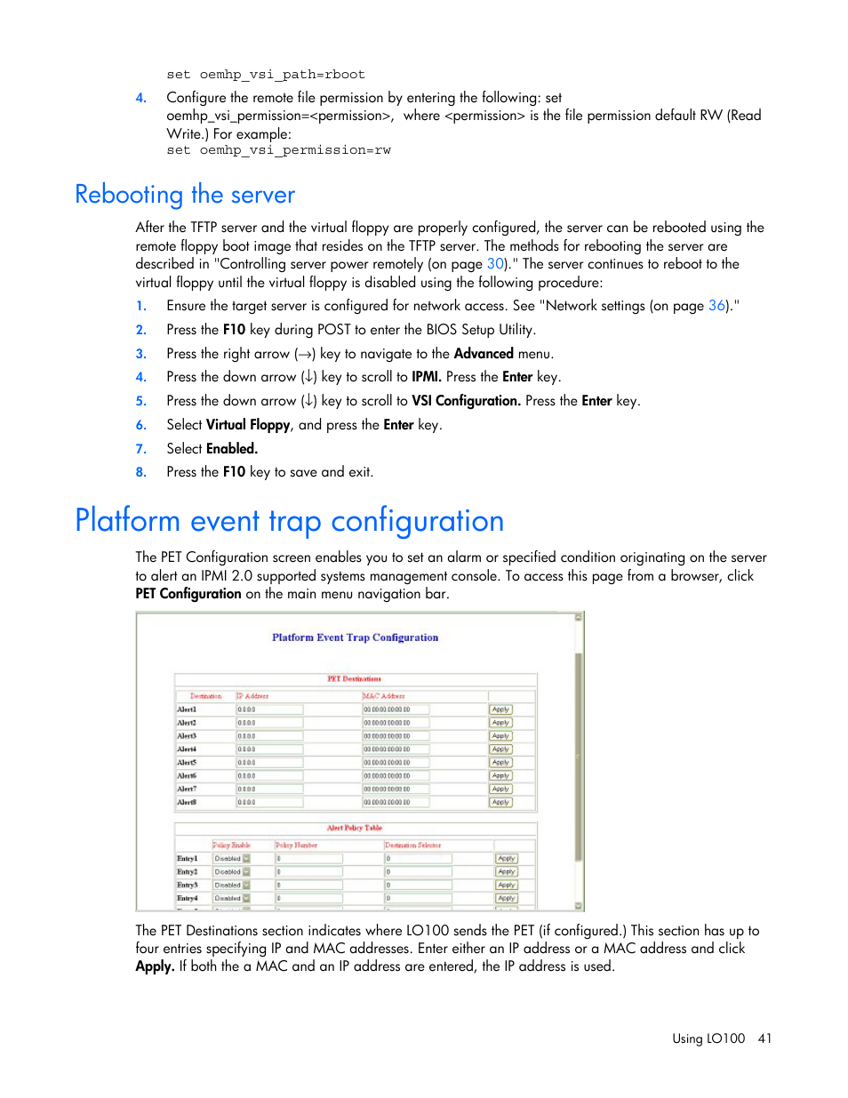 Rebooting the server, Platform event trap configuration, Rver | HP Lights-Out 100 Remote Management User Manual | Page 41 / 52