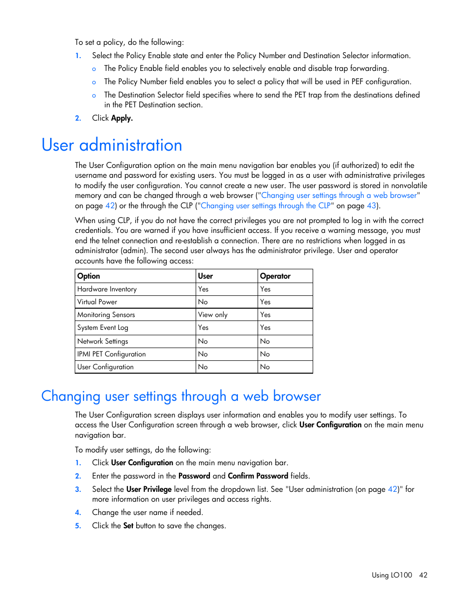 User administration, Changing user settings through a web browser | HP Lights-Out 100 Remote Management User Manual | Page 42 / 52