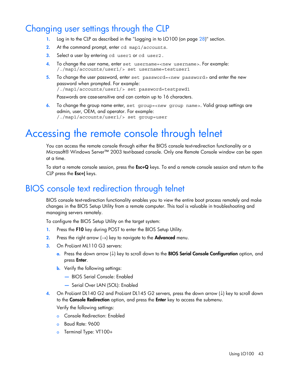 Changing user settings through the clp, Accessing the remote console through telnet, Bios console text redirection through telnet | The clp | HP Lights-Out 100 Remote Management User Manual | Page 43 / 52