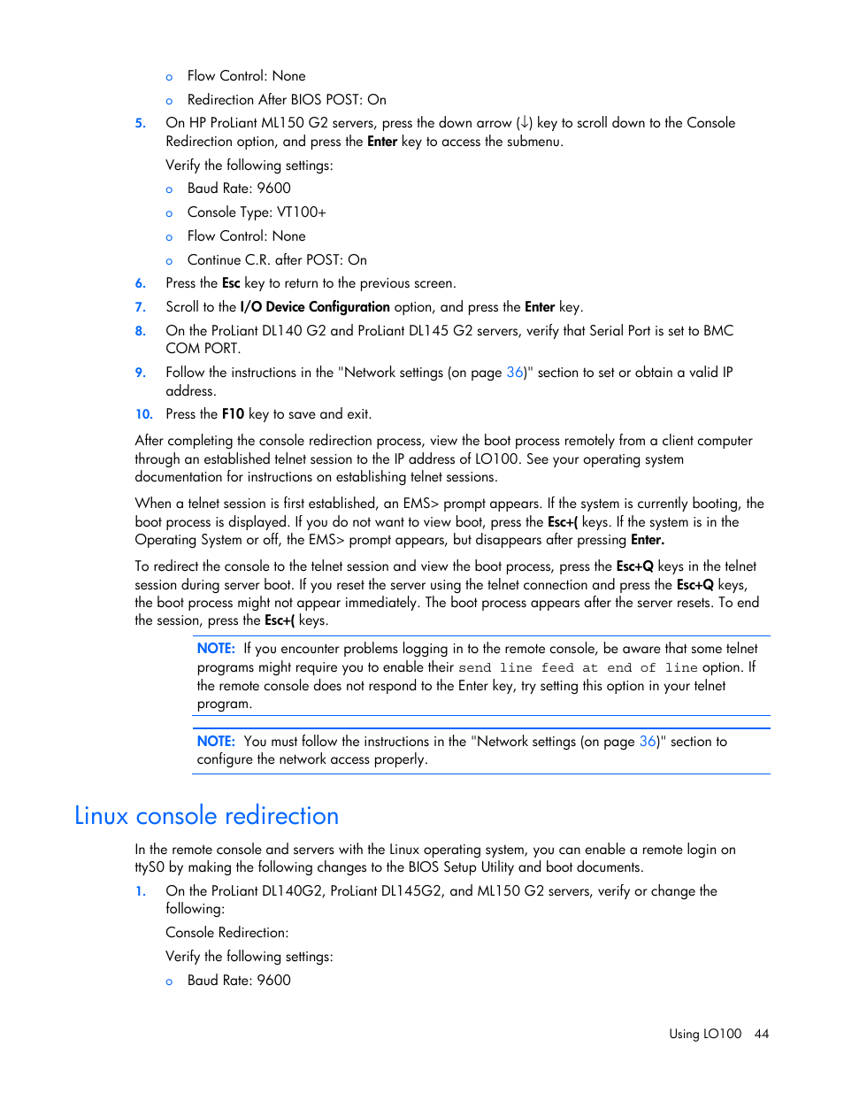 Linux console redirection | HP Lights-Out 100 Remote Management User Manual | Page 44 / 52