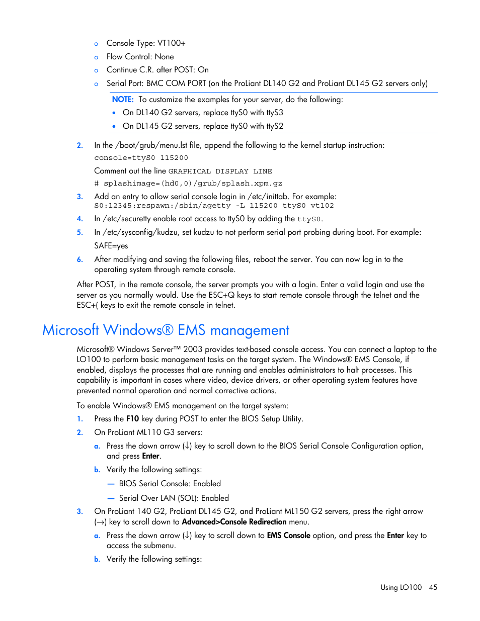 Microsoft windows® ems management | HP Lights-Out 100 Remote Management User Manual | Page 45 / 52