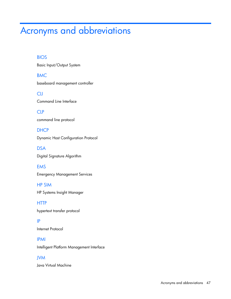 Acronyms and abbreviations | HP Lights-Out 100 Remote Management User Manual | Page 47 / 52