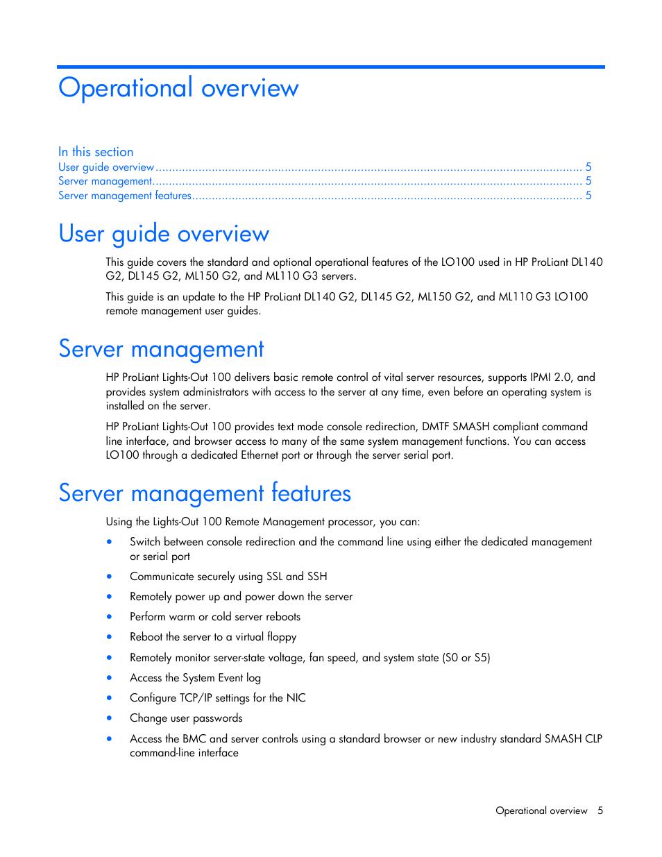 Operational overview, User guide overview, Server management | Server management features | HP Lights-Out 100 Remote Management User Manual | Page 5 / 52