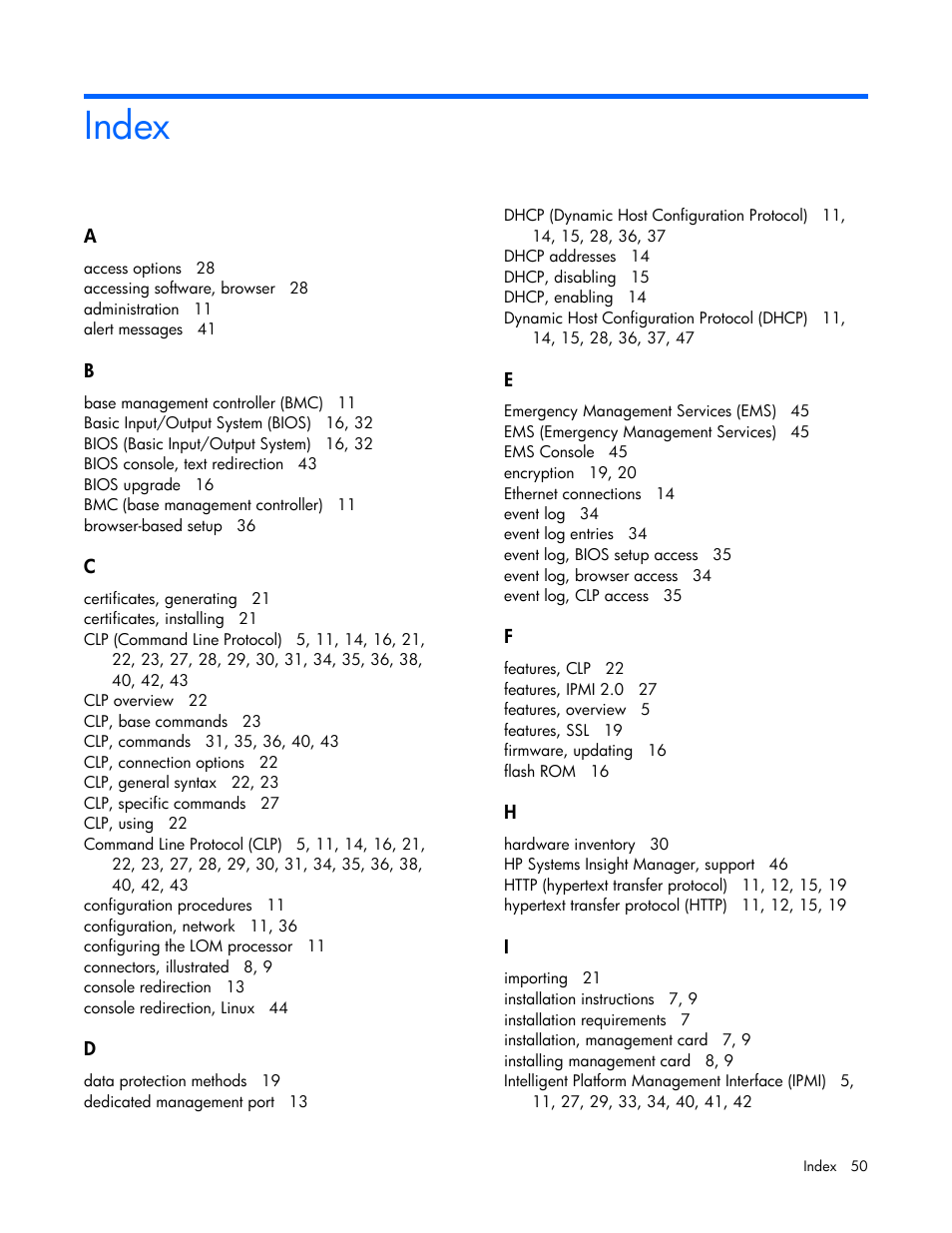 Index | HP Lights-Out 100 Remote Management User Manual | Page 50 / 52