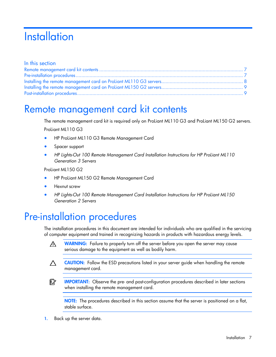 Installation, Remote management card kit contents, Pre-installation procedures | HP Lights-Out 100 Remote Management User Manual | Page 7 / 52