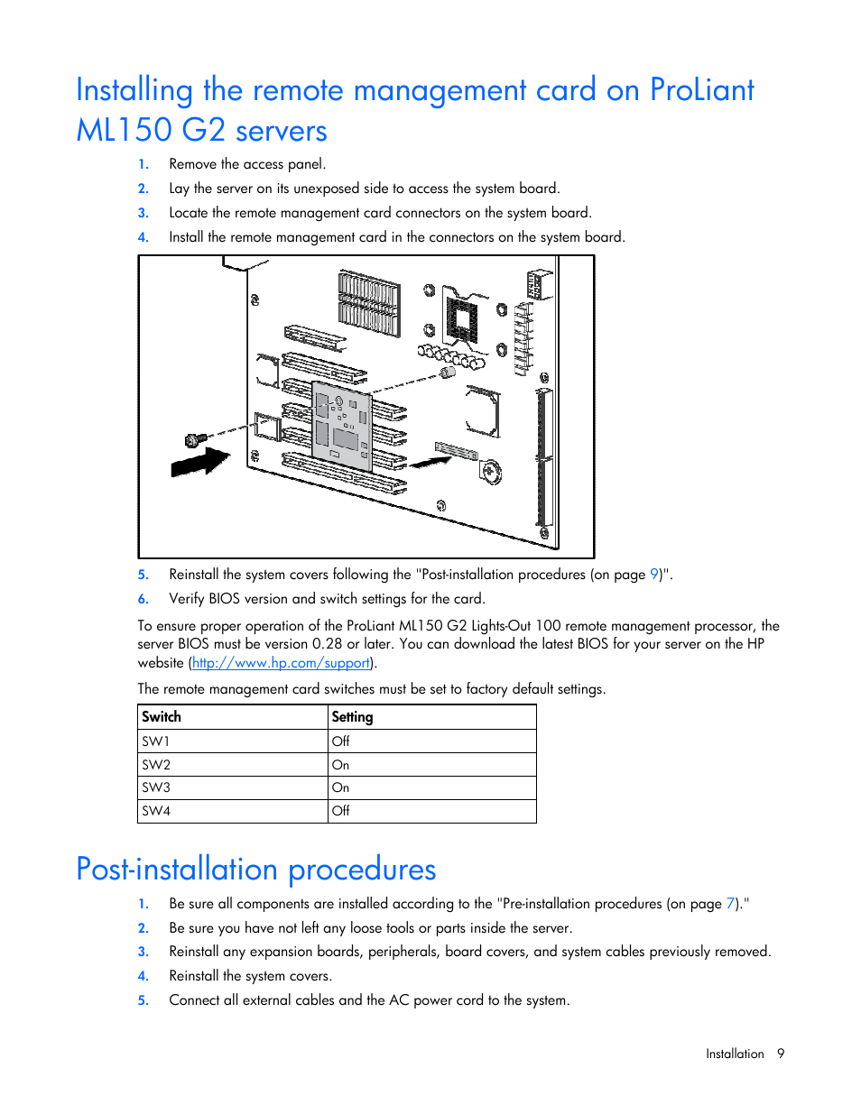 Post-installation procedures | HP Lights-Out 100 Remote Management User Manual | Page 9 / 52