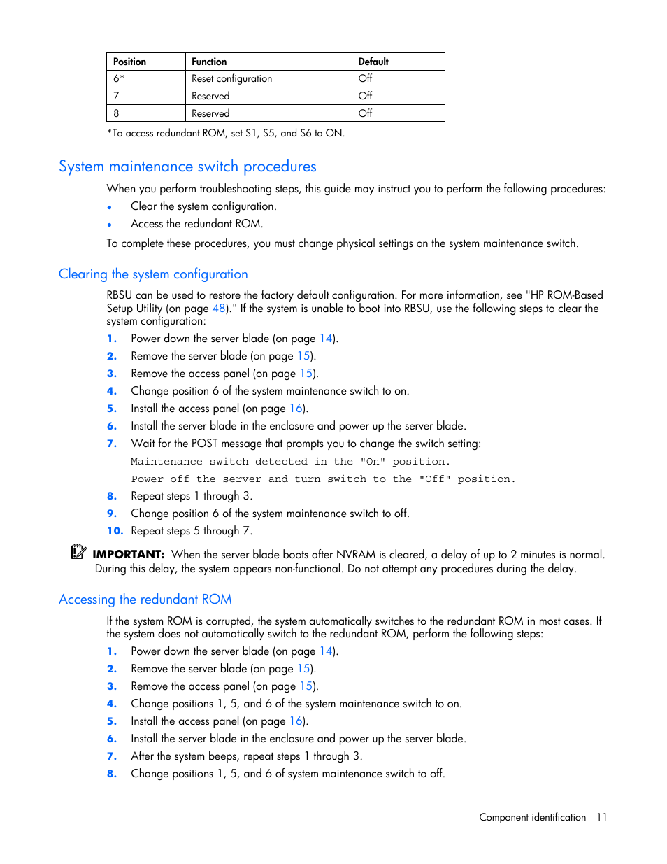 System maintenance switch procedures, Clearing the system configuration, Accessing the redundant rom | HP ProLiant BL480c Server-Blade User Manual | Page 11 / 96