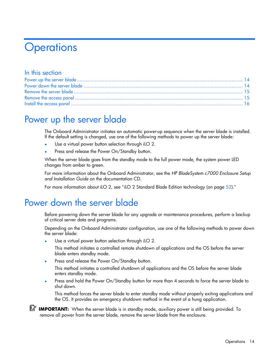 Operations, Power up the server blade, Power down the server blade | HP ProLiant BL480c Server-Blade User Manual | Page 14 / 96