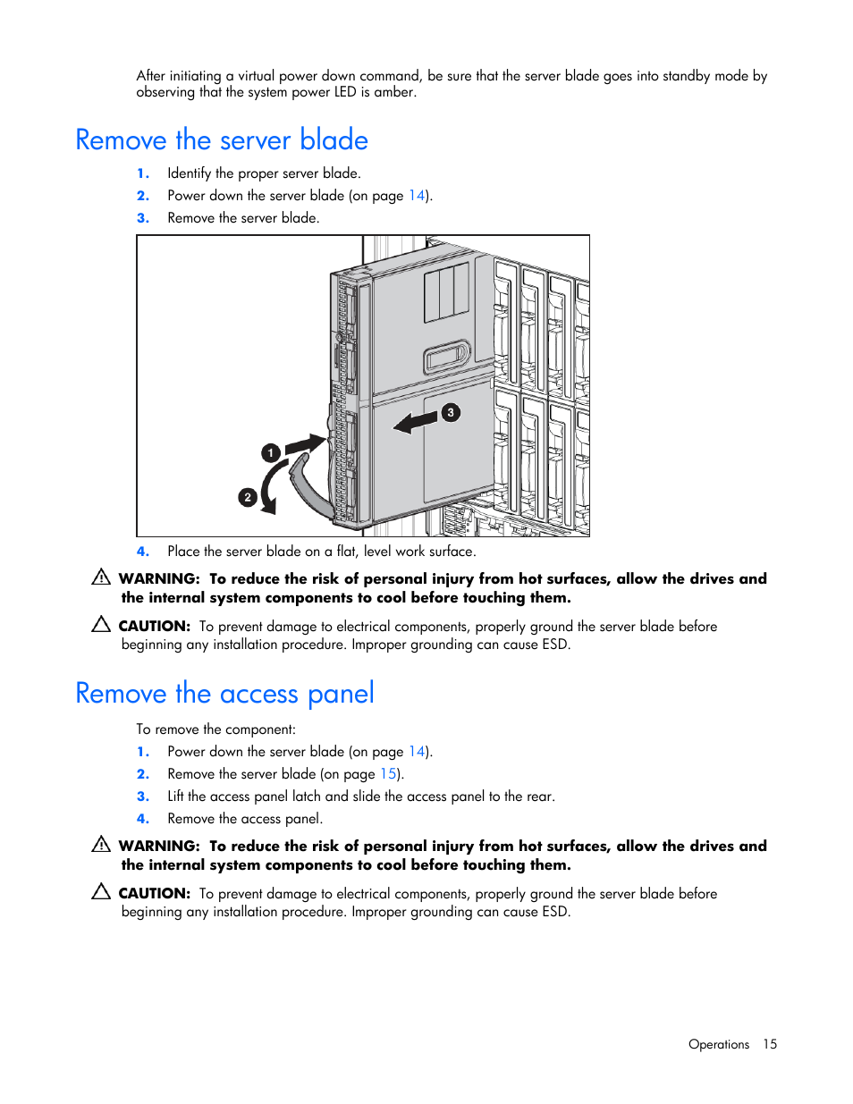 Remove the server blade, Remove the access panel | HP ProLiant BL480c Server-Blade User Manual | Page 15 / 96