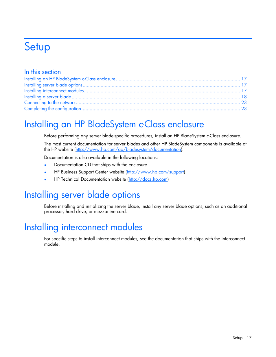 Setup, Installing an hp bladesystem c-class enclosure, Installing server blade options | Installing interconnect modules | HP ProLiant BL480c Server-Blade User Manual | Page 17 / 96