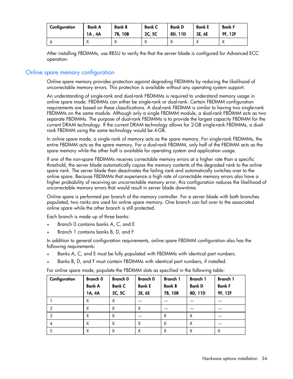 Online spare memory configuration | HP ProLiant BL480c Server-Blade User Manual | Page 34 / 96