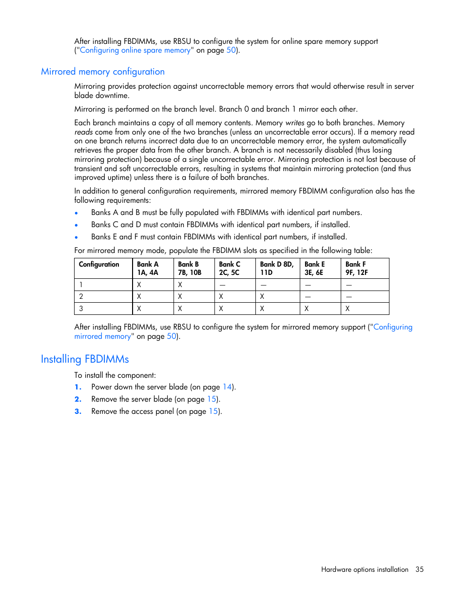 Mirrored memory configuration, Installing fbdimms | HP ProLiant BL480c Server-Blade User Manual | Page 35 / 96