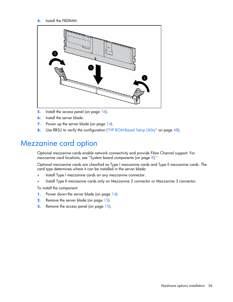 Mezzanine card option | HP ProLiant BL480c Server-Blade User Manual | Page 36 / 96