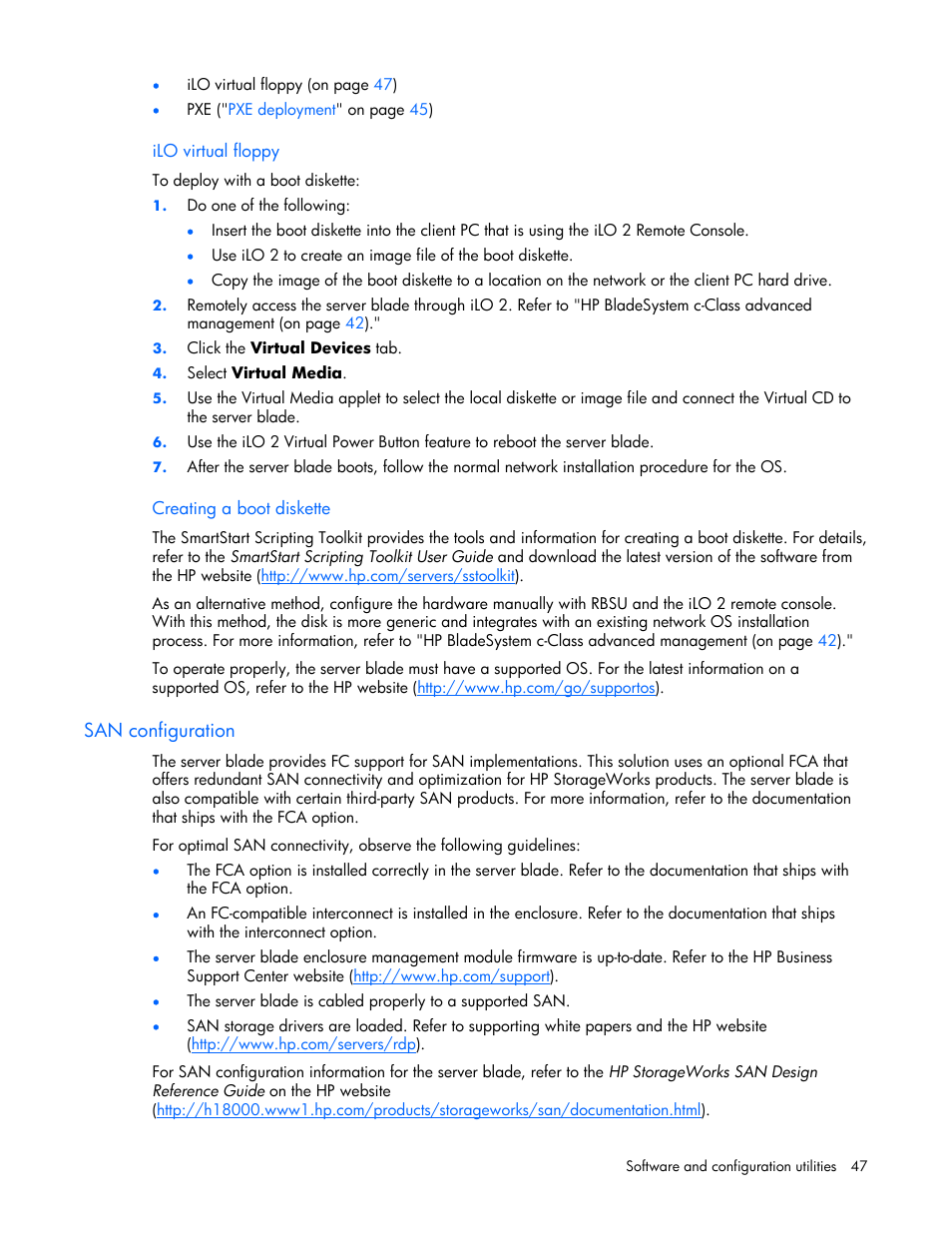 San configuration | HP ProLiant BL480c Server-Blade User Manual | Page 47 / 96