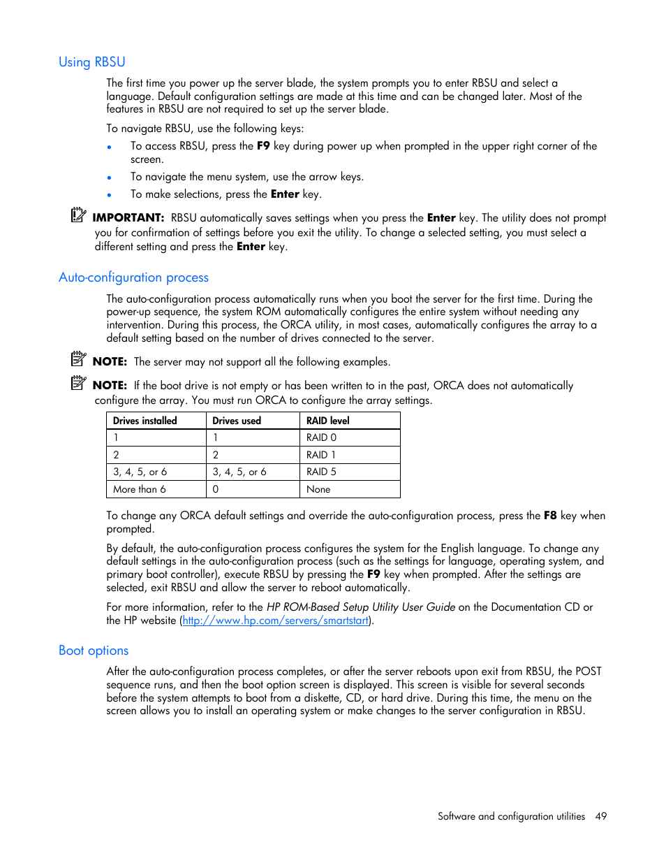 Using rbsu, Auto-configuration process, Boot options | HP ProLiant BL480c Server-Blade User Manual | Page 49 / 96