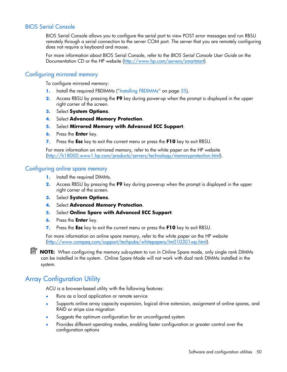 Bios serial console, Configuring mirrored memory, Configuring online spare memory | Array configuration utility, Configuring, Array diagnostic utility, and e | HP ProLiant BL480c Server-Blade User Manual | Page 50 / 96