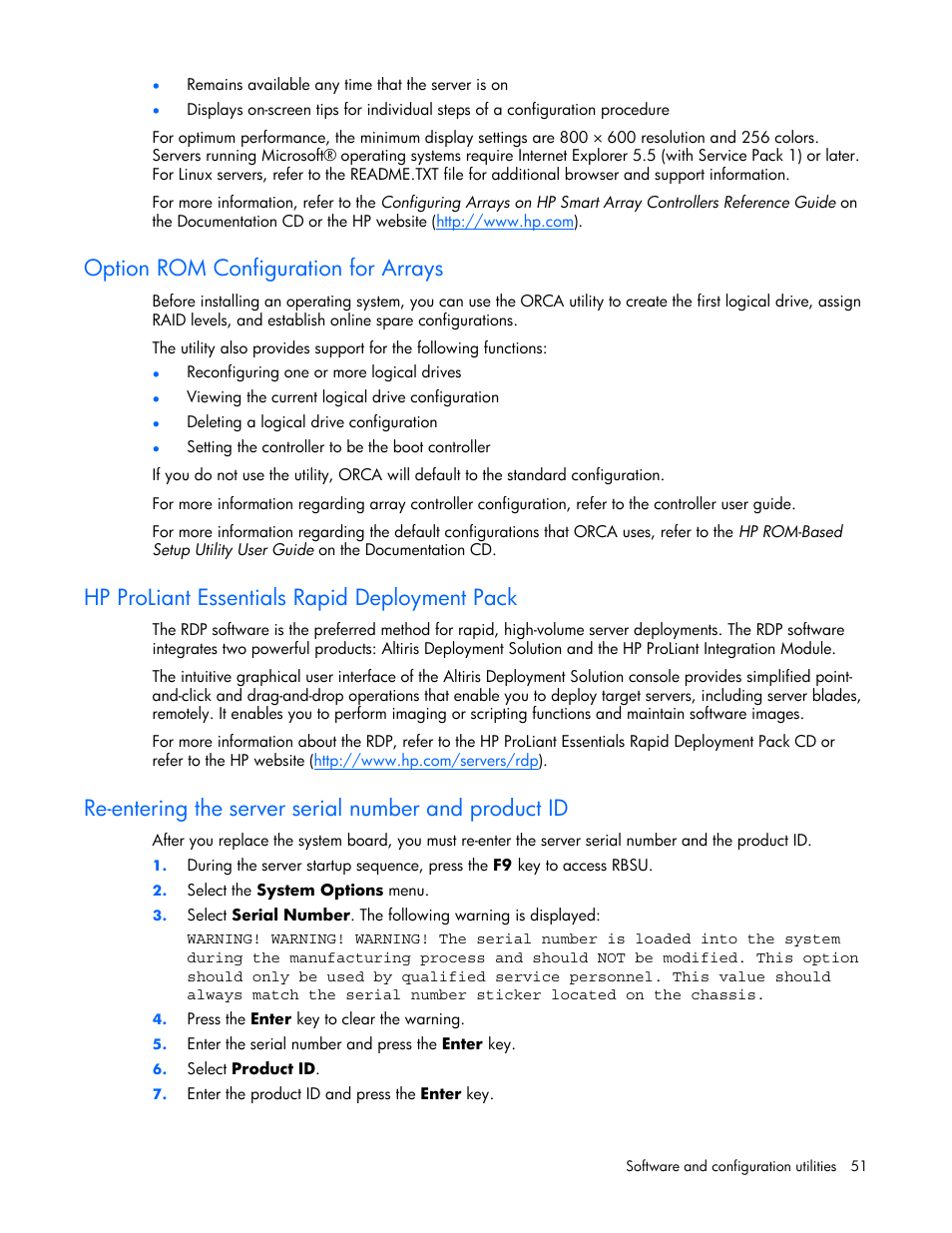 Option rom configuration for arrays, Hp proliant essentials rapid deployment pack | HP ProLiant BL480c Server-Blade User Manual | Page 51 / 96