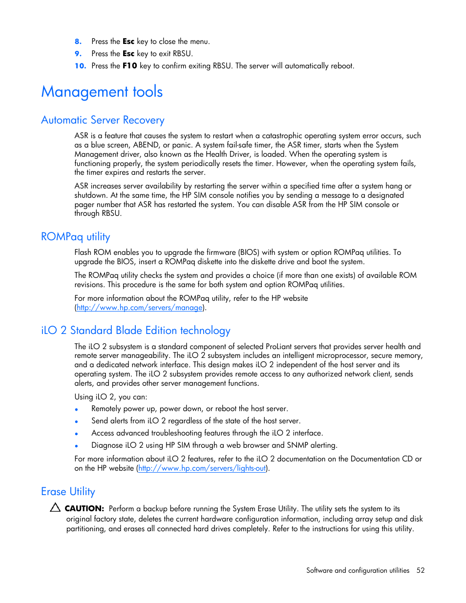 Management tools, Automatic server recovery, Rompaq utility | Ilo 2 standard blade edition technology, Erase utility | HP ProLiant BL480c Server-Blade User Manual | Page 52 / 96