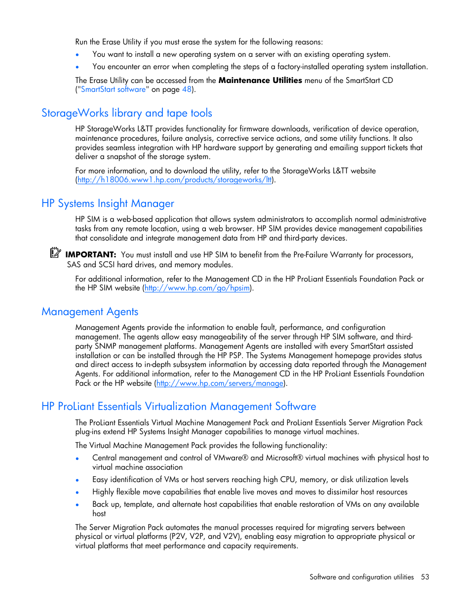 Storageworks library and tape tools, Hp systems insight manager, Management agents | HP ProLiant BL480c Server-Blade User Manual | Page 53 / 96