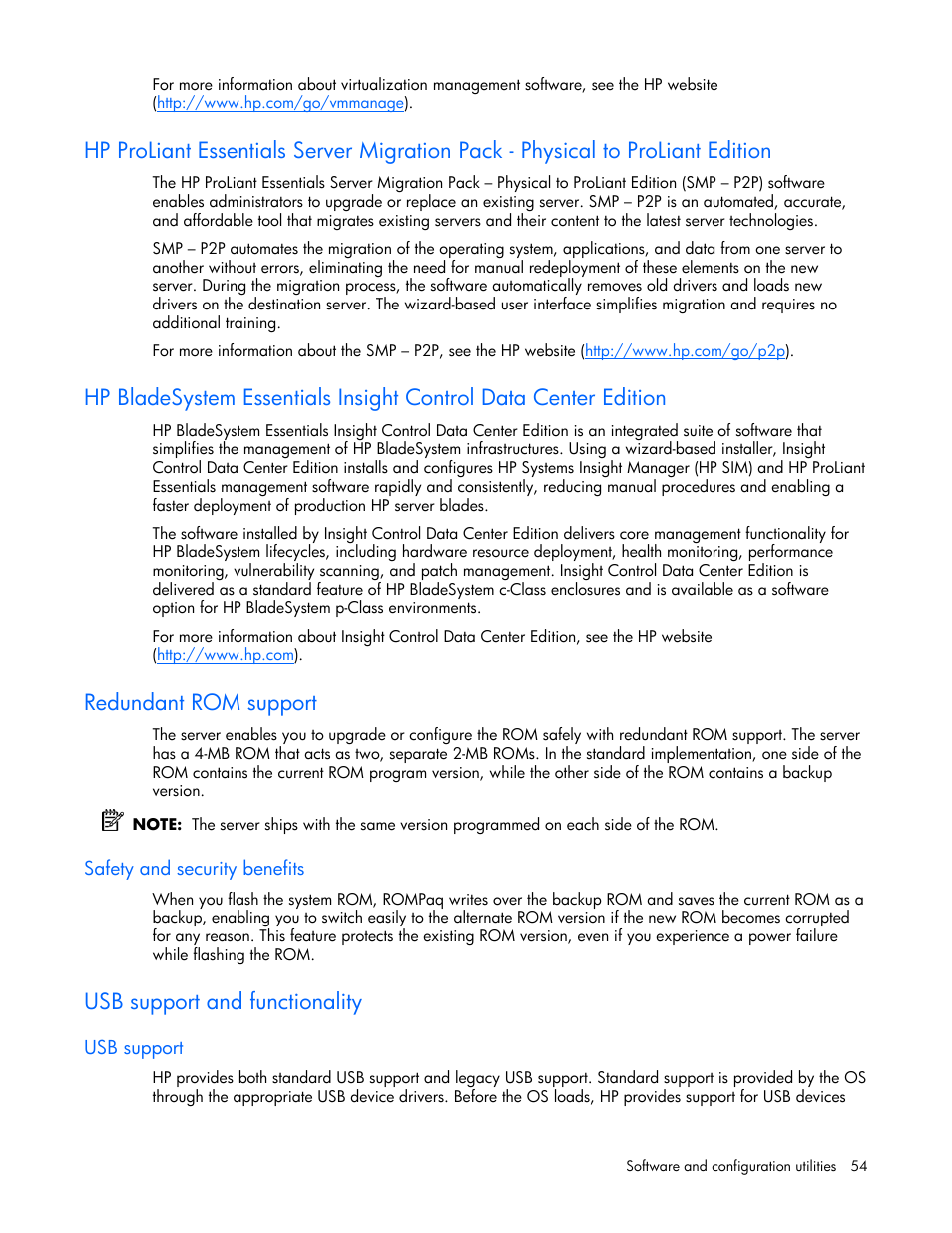 Redundant rom support, Safety and security benefits, Usb support and functionality | Usb support | HP ProLiant BL480c Server-Blade User Manual | Page 54 / 96