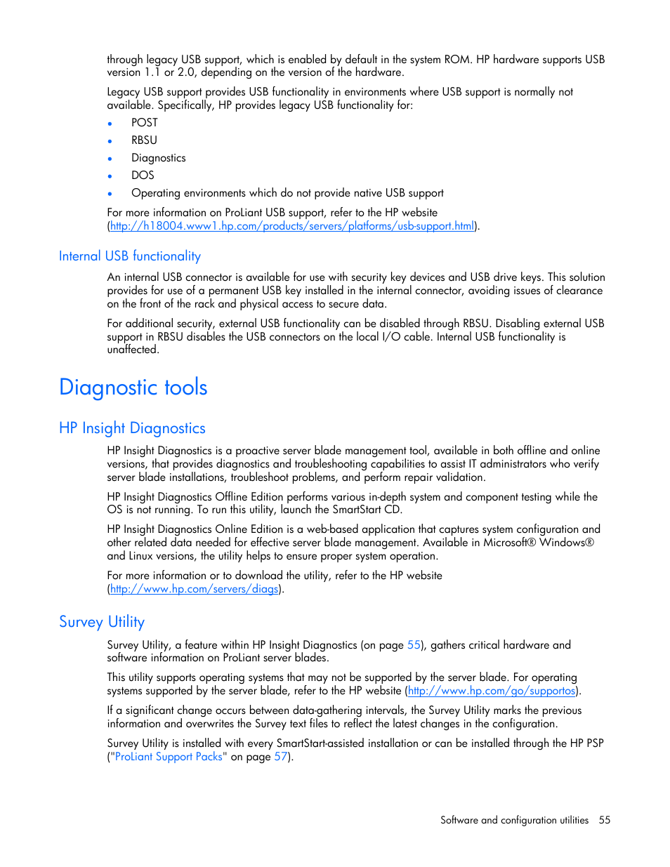 Internal usb functionality, Diagnostic tools, Hp insight diagnostics | Survey utility, S utility | HP ProLiant BL480c Server-Blade User Manual | Page 55 / 96