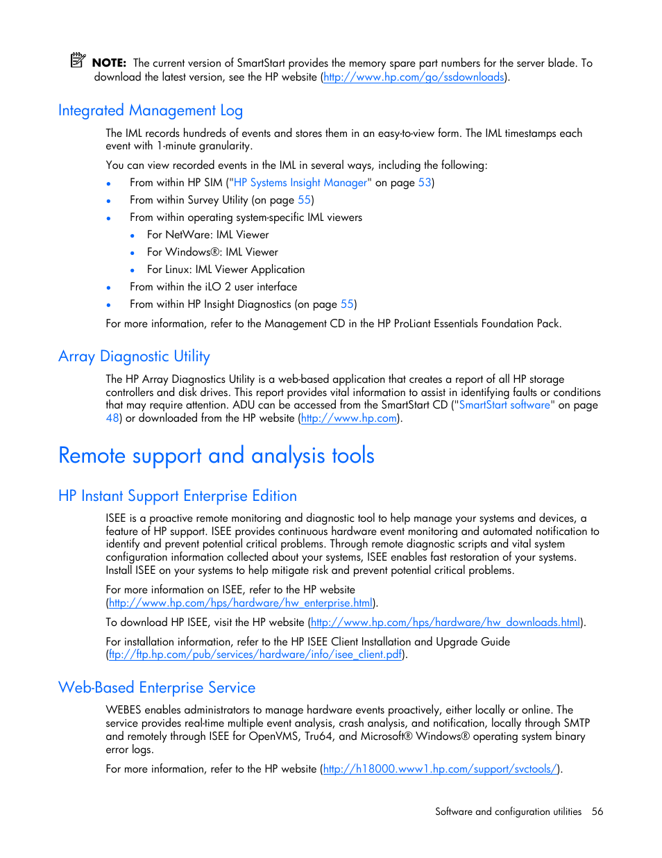 Integrated management log, Array diagnostic utility, Remote support and analysis tools | Hp instant support enterprise edition, Web-based enterprise service | HP ProLiant BL480c Server-Blade User Manual | Page 56 / 96