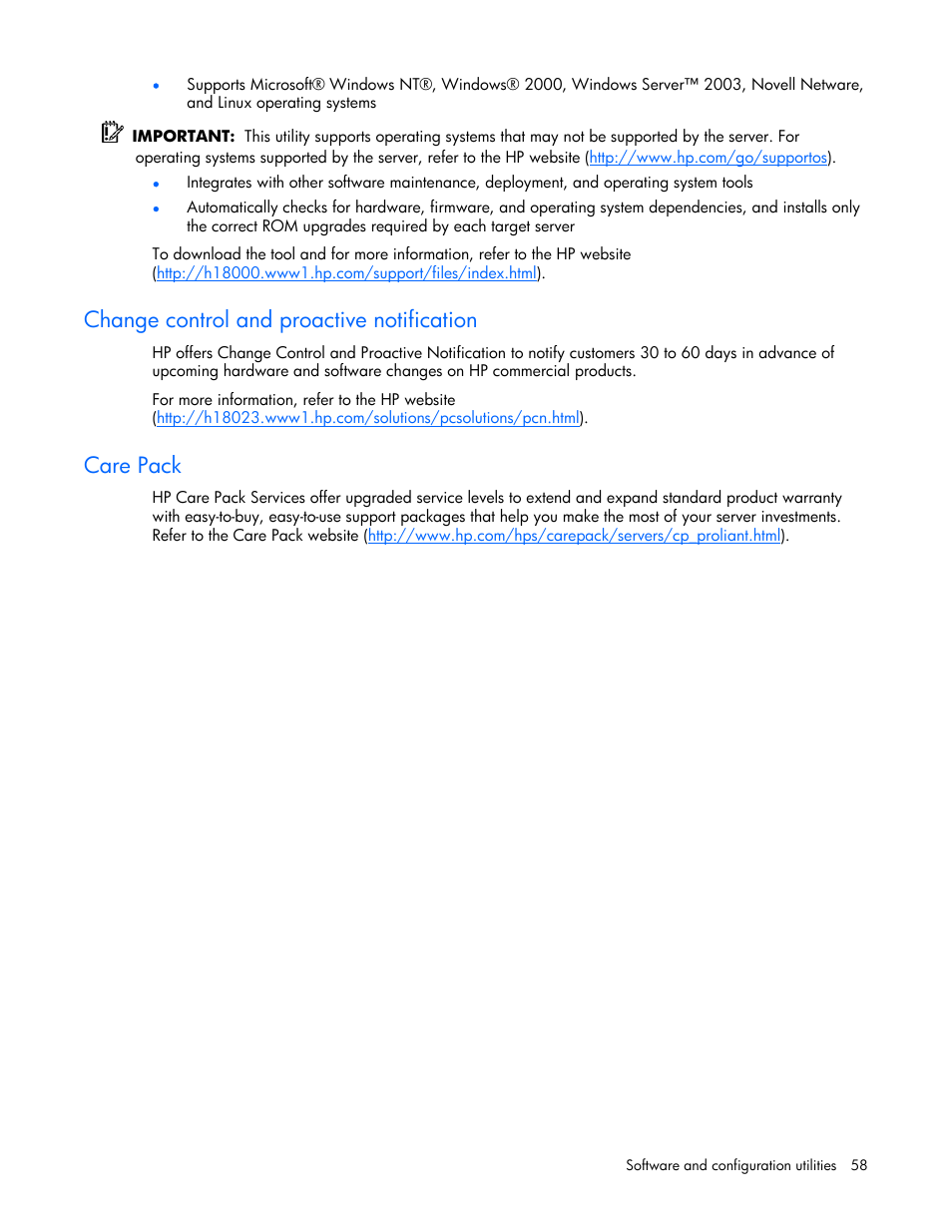 Change control and proactive notification, Care pack | HP ProLiant BL480c Server-Blade User Manual | Page 58 / 96