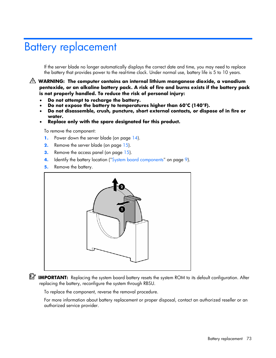 Battery replacement | HP ProLiant BL480c Server-Blade User Manual | Page 73 / 96