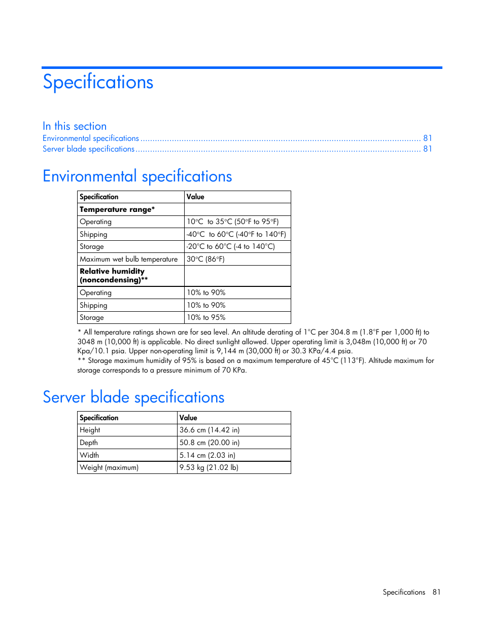 Specifications, Environmental specifications, Server blade specifications | HP ProLiant BL480c Server-Blade User Manual | Page 81 / 96