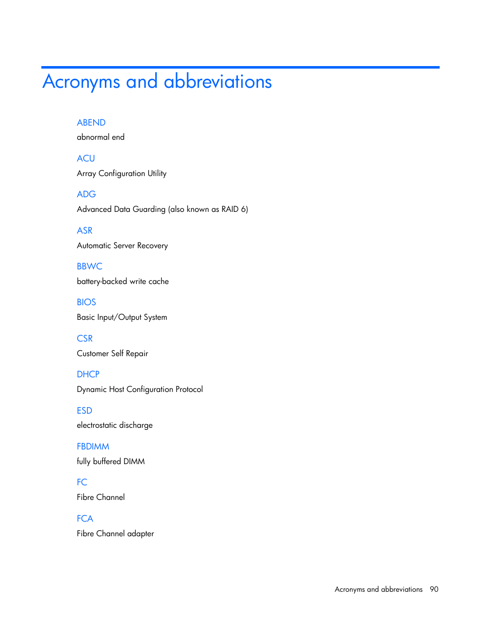 Acronyms and abbreviations | HP ProLiant BL480c Server-Blade User Manual | Page 90 / 96