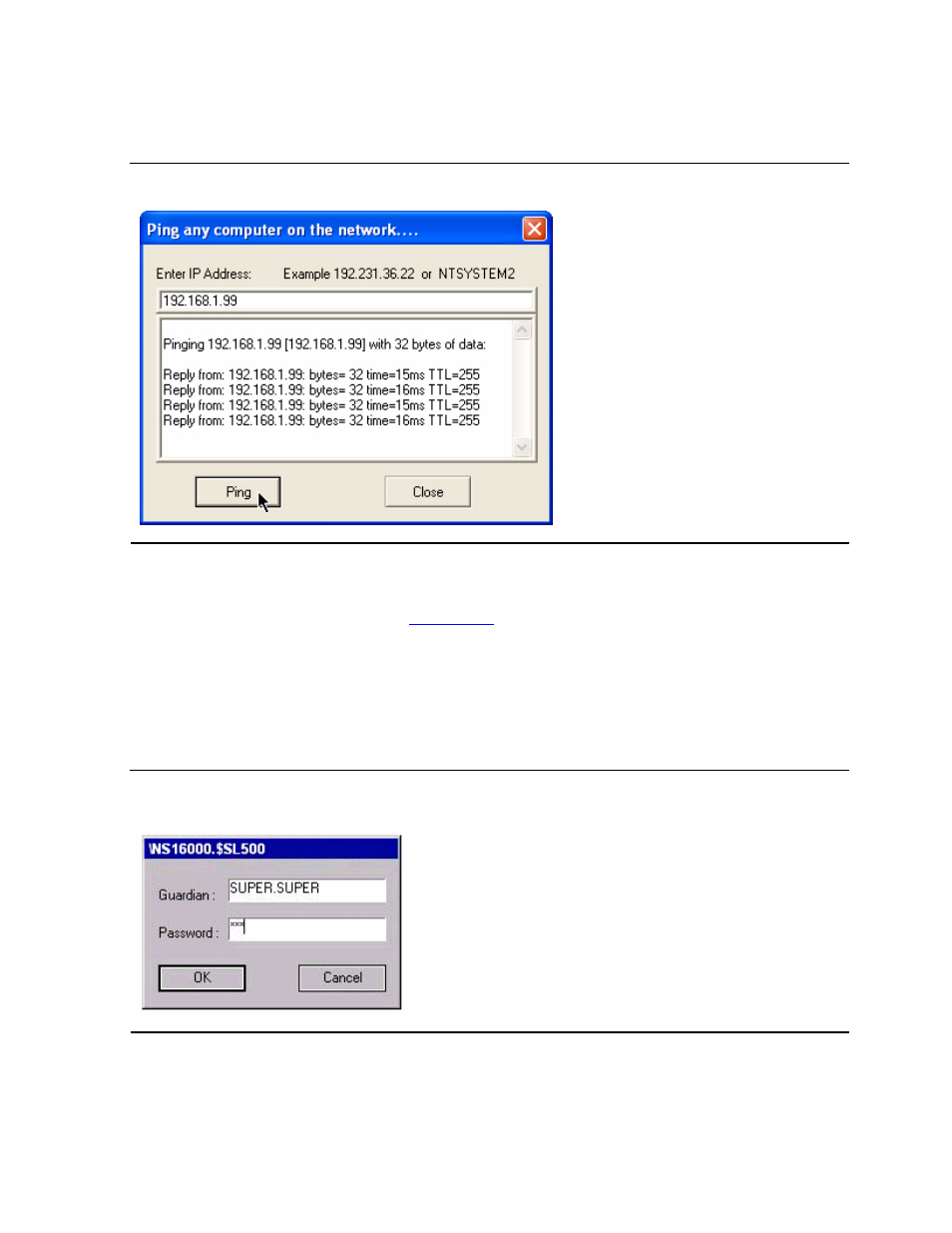 Ping, Nsk user id and password, Figure 6-2 | Main tab - ping utility, Figure 6-3, Nsk user id and password dialog box | HP Integrity NonStop H-Series User Manual | Page 87 / 212