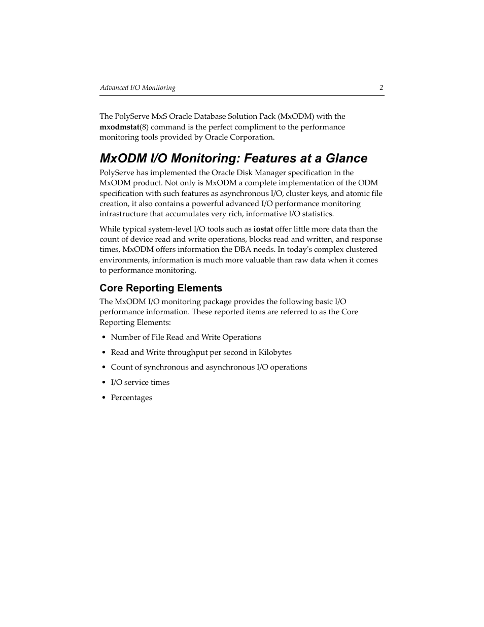 Mxodm i/o monitoring: features at a glance, Core reporting elements | HP PolyServe Software User Manual | Page 5 / 14
