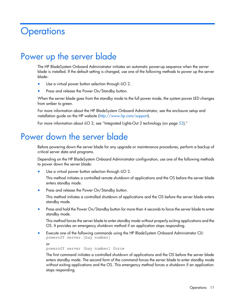 Operations, Power up the server blade, Power down the server blade | HP ProLiant BL490c G6 Server-Blade User Manual | Page 11 / 100