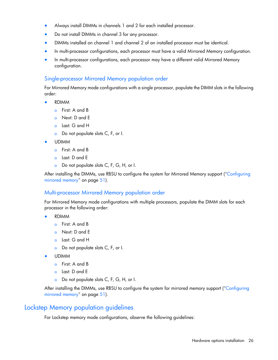 Single-processor mirrored memory population order, Multi-processor mirrored memory population order, Lockstep memory population guidelines | HP ProLiant BL490c G6 Server-Blade User Manual | Page 26 / 100