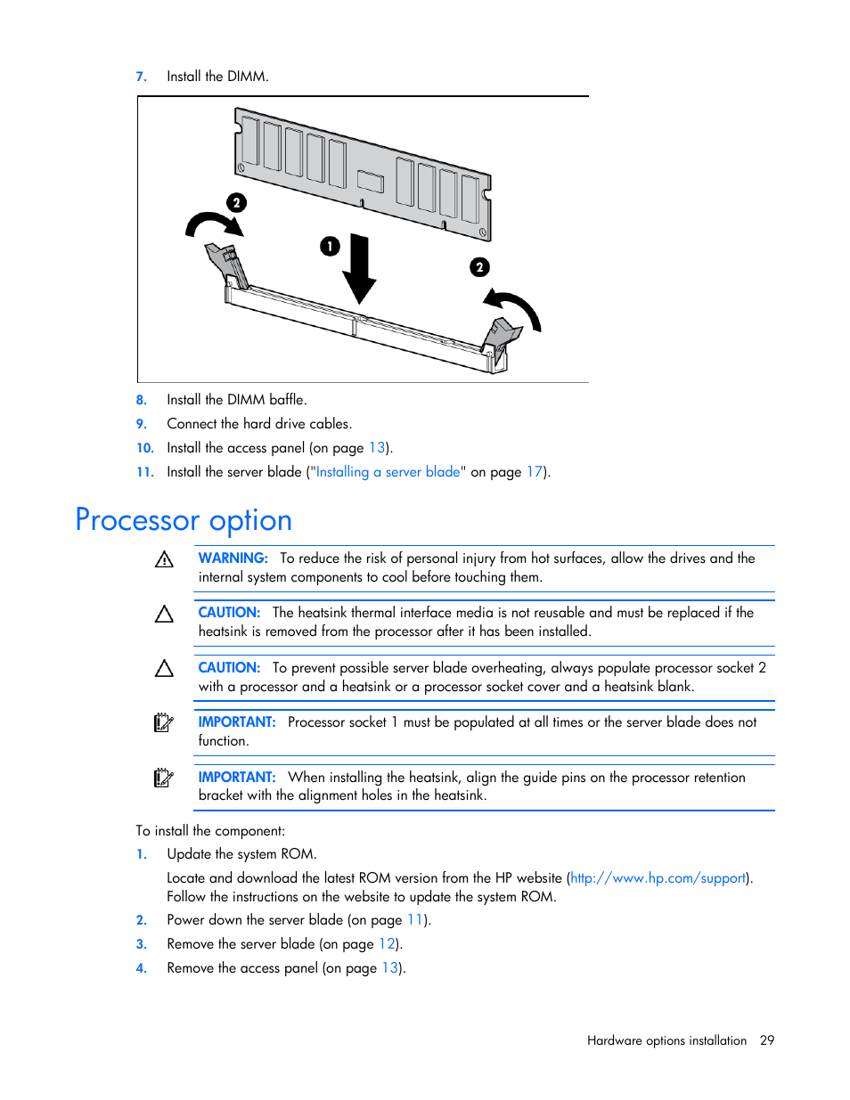 Processor option | HP ProLiant BL490c G6 Server-Blade User Manual | Page 29 / 100