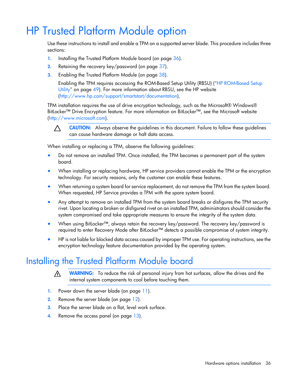 Hp trusted platform module option, Installing the trusted platform module board | HP ProLiant BL490c G6 Server-Blade User Manual | Page 36 / 100