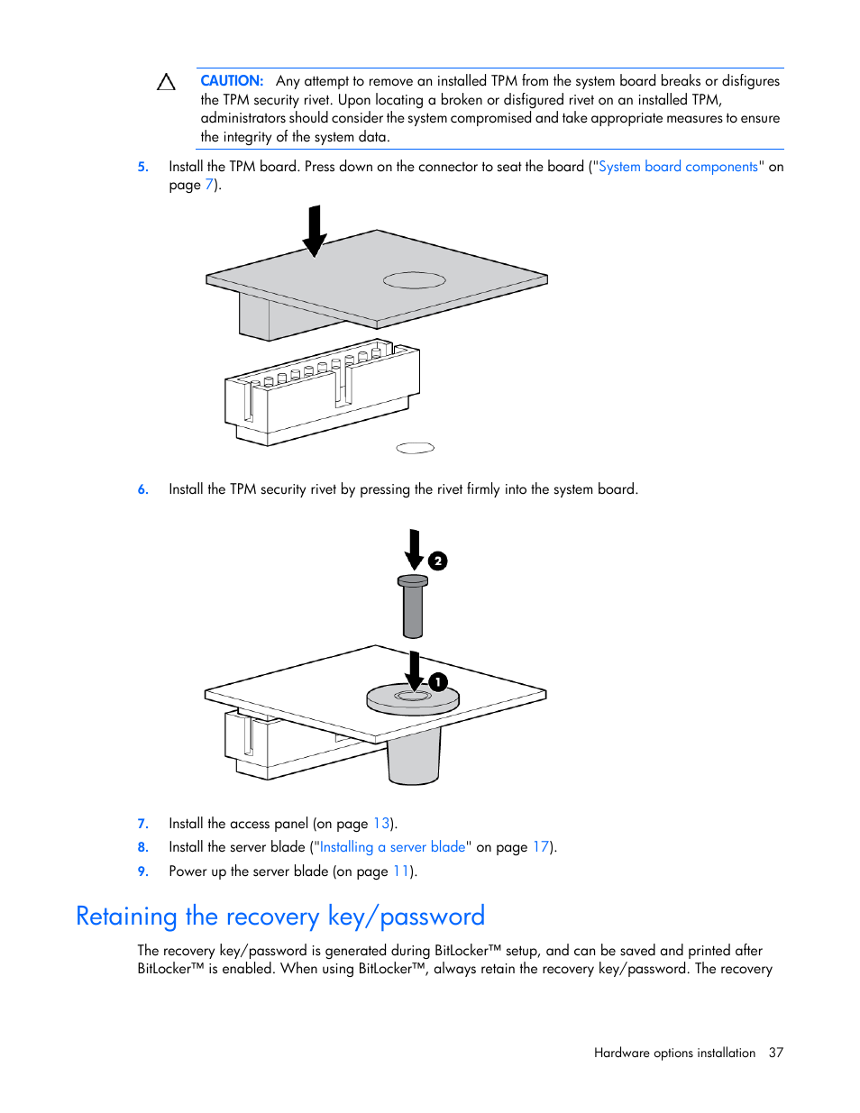 Retaining the recovery key/password | HP ProLiant BL490c G6 Server-Blade User Manual | Page 37 / 100