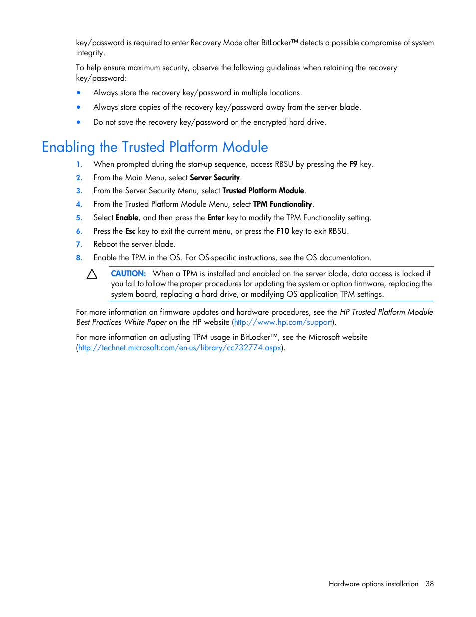 Enabling the trusted platform module | HP ProLiant BL490c G6 Server-Blade User Manual | Page 38 / 100